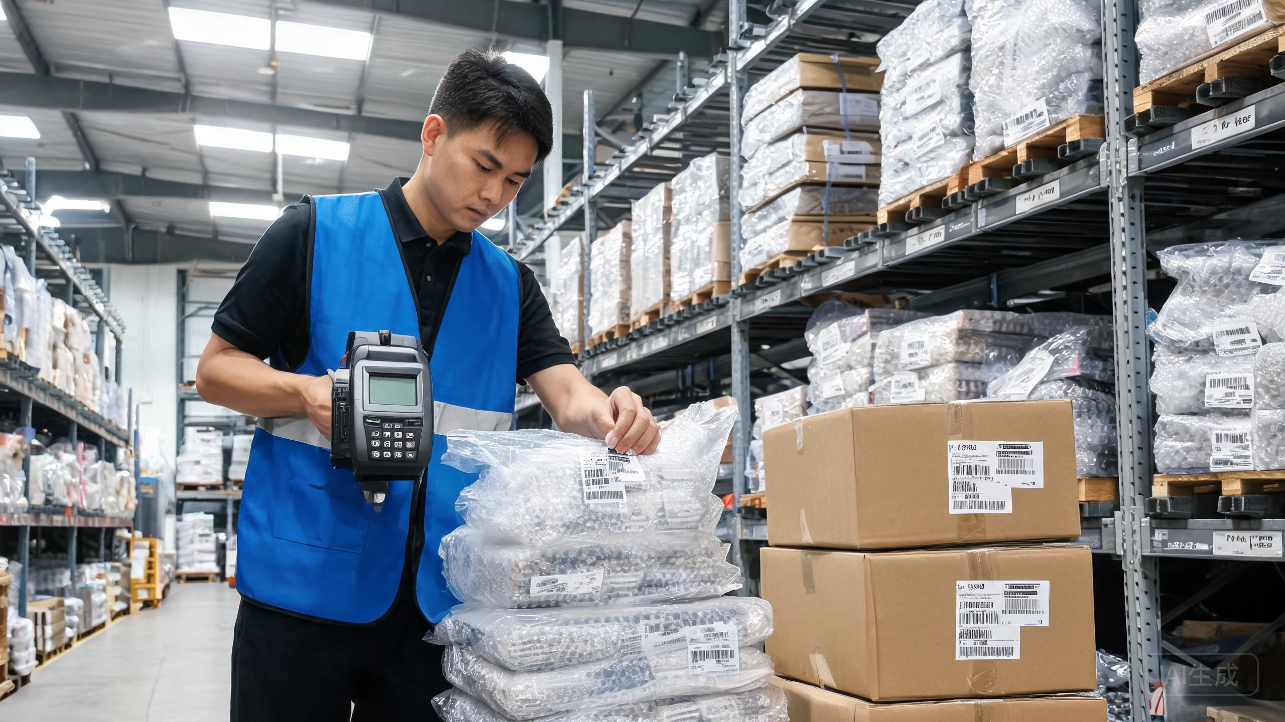 Interior of a China FBA prep warehouse: a worker in a blue vest applying FNSKU barcode labels to product units with a thermal label printer, polybagged and bubble-wrapped SKUs sorted into stacks on shelving, sealed corrugated cartons with FBA box ID labels on two sides ready for palletizing, bright overhead fluorescent lighting