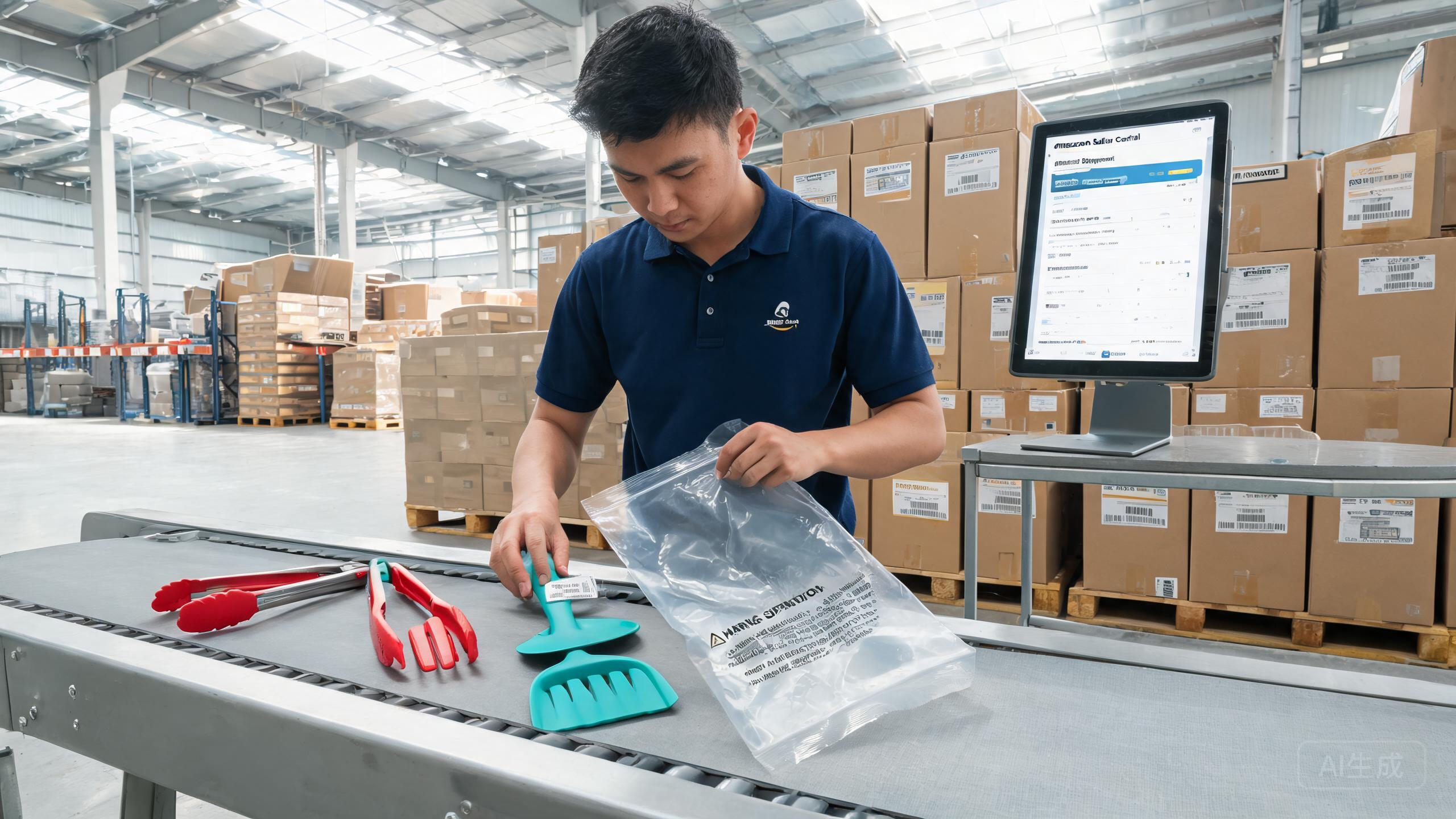 Amazon FBA sourcing workflow from China: a warehouse worker applies FNSKU barcode labels and suffocation-warning poly bags to private-label products on a conveyor, master cartons stacked and labeled for LTL inbound to an Amazon fulfillment center