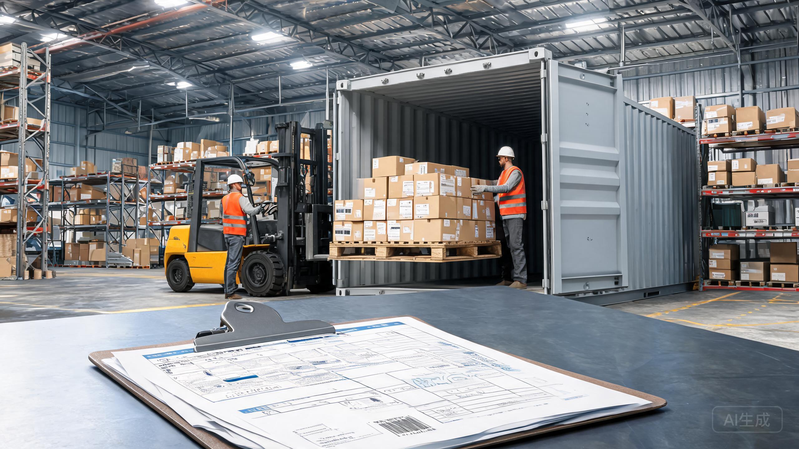 Workers loading consolidated mixed-SKU cartons into a 40-foot shipping container at a China logistics warehouse, a forklift placing a pallet, a clipboard with DDP door-to-door shipping paperwork and customs documents resting on a desk in the foreground