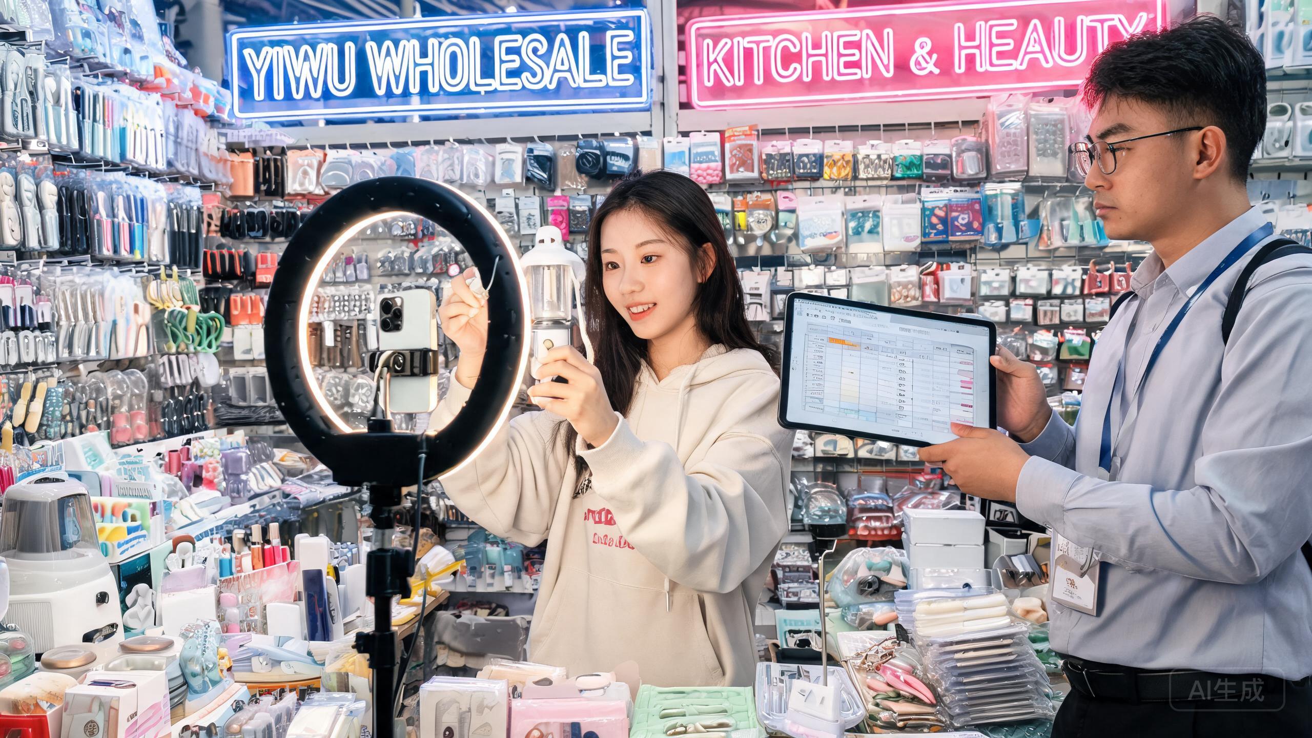 Young TikTok Shop seller filming a trending product with a smartphone mounted on a ring light inside a Yiwu-style wholesale booth stocked with viral kitchen gadgets and beauty tools, a sourcing agent holding a tablet of supplier quotes beside her, neon shop signs in the background